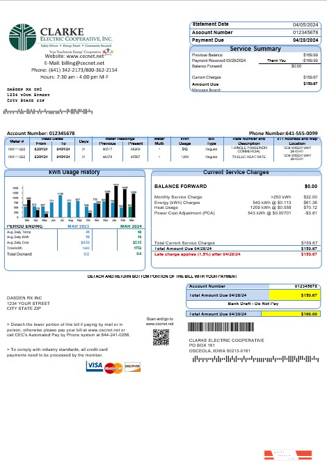 USA Iowa Clarke Electric Cooperative, Inc business utility bill template in Word and PDF formats